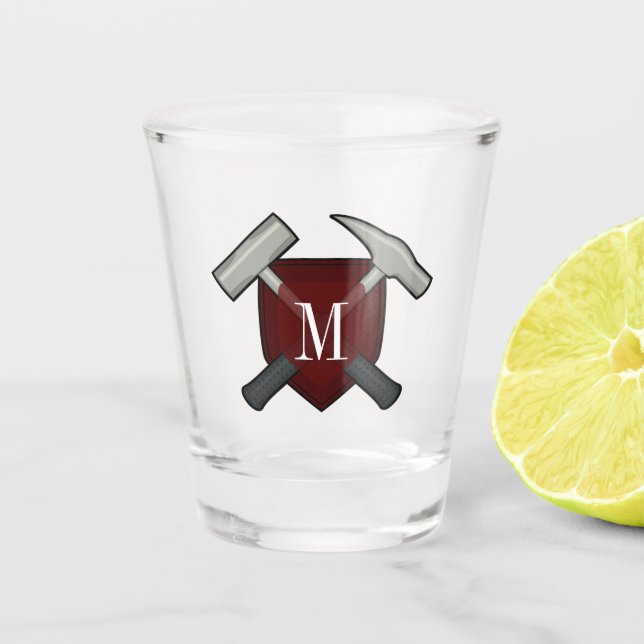 Monogramm des Geologen mit Rockhammer Schnapsglas (Vorderseite)