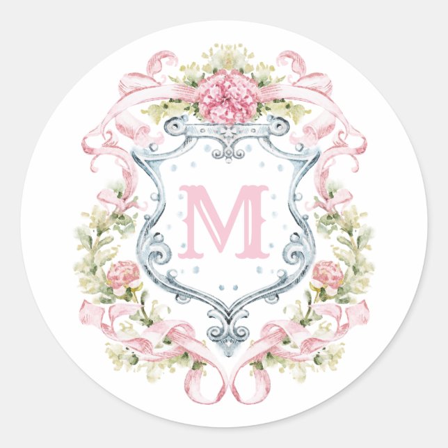 Monogramm des grandmillennialen Wappen | Bridal Runder Aufkleber (Vorderseite)