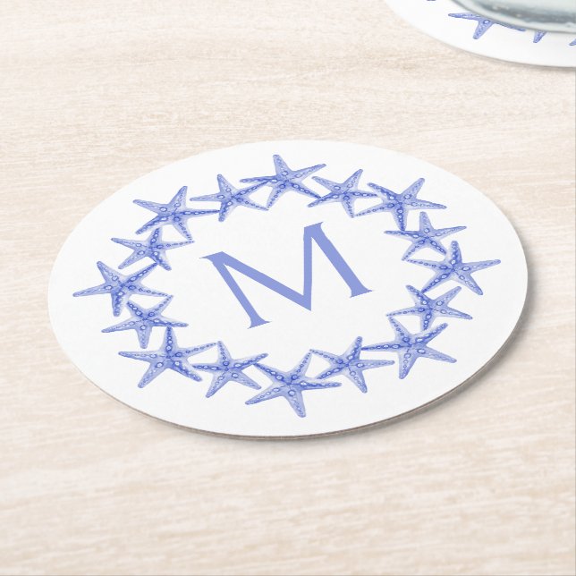 Monogramm des Kastenblau-Weiß-Starfish Runder Pappuntersetzer (Angewinkelt)