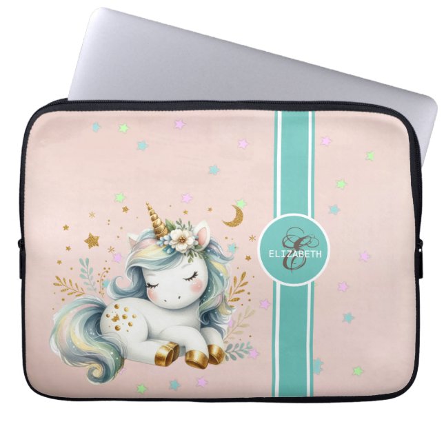 Monogramm des kleinen Einhorns, farbenfrohe Sterne Laptopschutzhülle (Vorderseite)