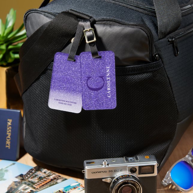 Monogramm des Lila personalisierten Glitzer Gepäckanhänger (Vorderseite & Rückseite)