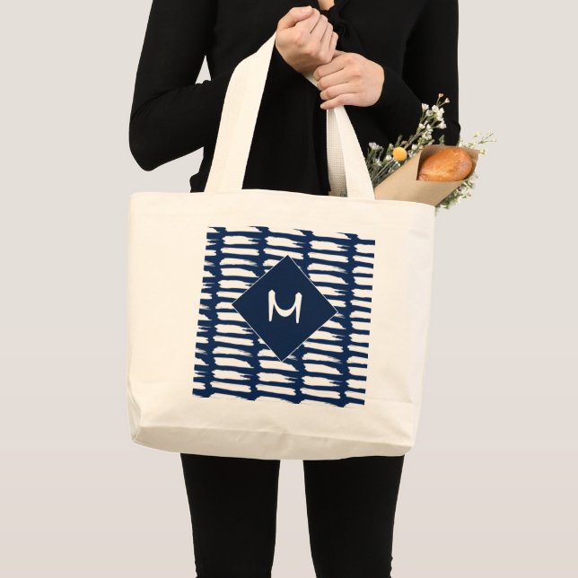 Monogramm des modernen blauen Streifen Jumbo Stoffbeutel (Vorderseite (Produkt))