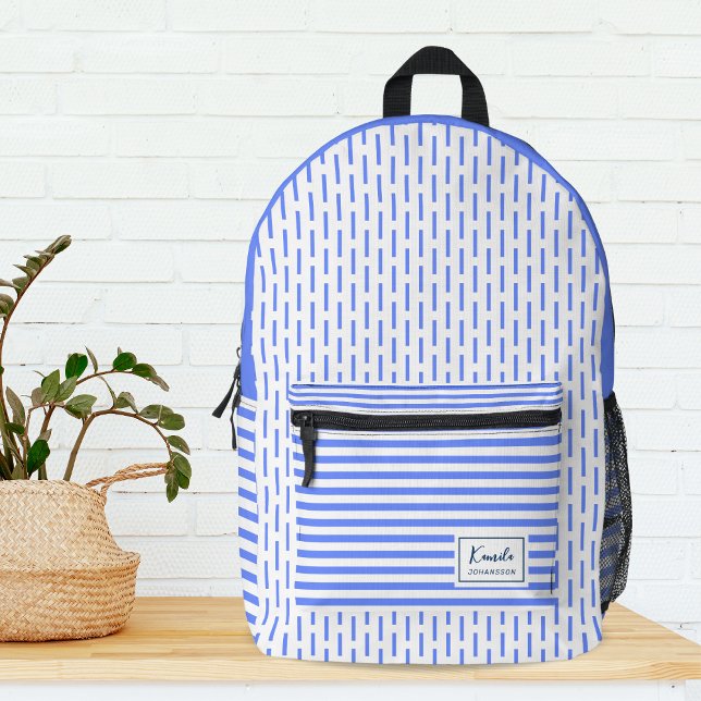 Monogramm des modernen blauen und weißen Streifen Bedruckter Rucksack (Von Creator hochgeladen)