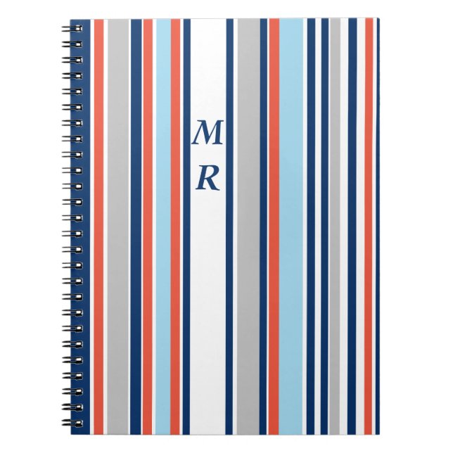 Monogramm des modernen grauen, blauen Streifen Notizblock (Vorderseite)