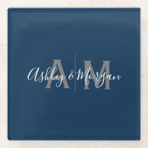 Monogramm des modernen grauen und blauen Paares Glasuntersetzer