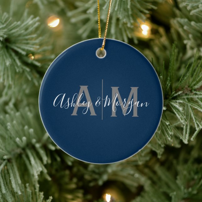 Monogramm des modernen grauen und blauen Paares Keramik Ornament (Baum)