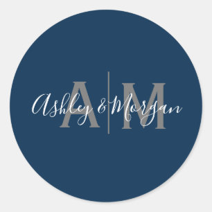 Monogramm des modernen grauen und blauen Paares Runder Aufkleber