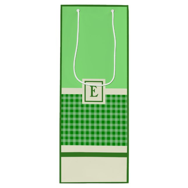 Monogramm des modernen grünen Karos Geschenktüte Für Weinflaschen (Vorderseite)