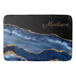 Monogramm des modernen Navy Blue-Gold-Marmor-Glitz Badematte