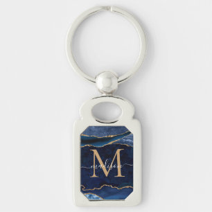 Monogramm des modischen Navy Blue Gold Agate Geode Schlüsselanhänger