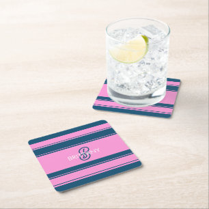 Monogramm des Musters für blaue und rosa Streifen Rechteckiger Pappuntersetzer