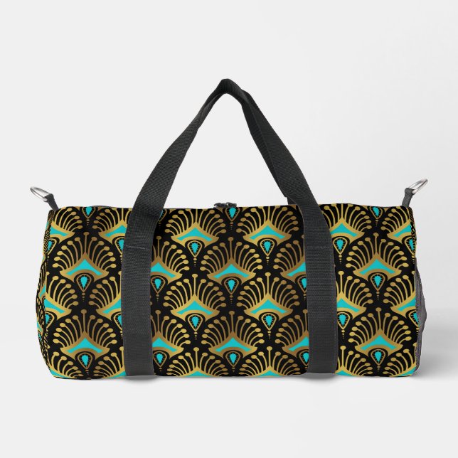 Monogramm des Musters Gold und Blau Art Deco Duffle Bag (Vorderseite)