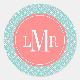 Monogramm des Musters Ocean Blue and Pink Circles Runder Aufkleber