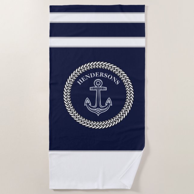 Monogramm des Nautic Navy Blue Anchor Coastor Strandtuch (Vorderseite)