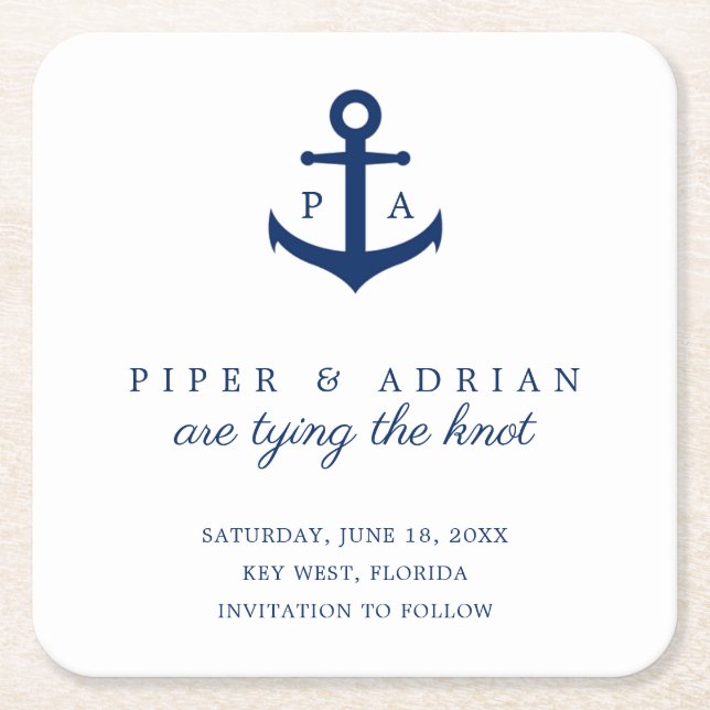 Monogramm des Nautic Navy Blue Anchor Save the Dat Rechteckiger Pappuntersetzer (Vorderseite)