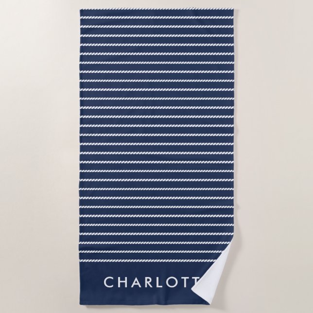 Monogramm des Nautic Navy White Strips Strandtuch (Vorderseite)