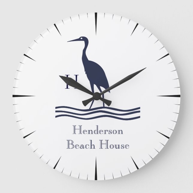 Monogramm des Nautic White Navy Blue Heron Coastal Große Wanduhr (Vorderseite)