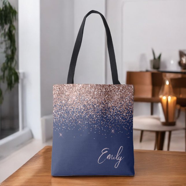 Monogramm des Navy Blue Blink Rose Rose Glitzer Tasche (Von Creator hochgeladen)