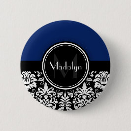 Monogramm des Navy Schwarz-weiß Damask Button