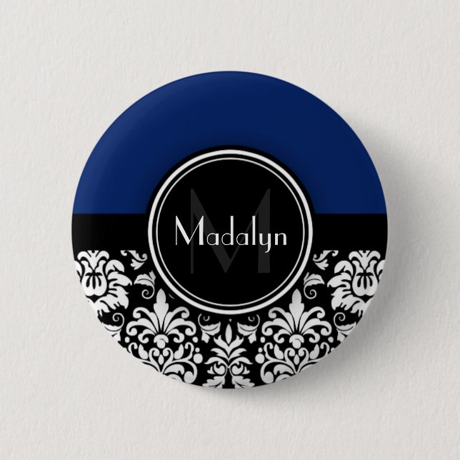 Monogramm des Navy Schwarz-weiß Damask Button (Vorderseite)