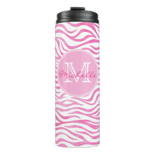 Monogramm des Pink-Aquarellzebra-Druck-  Thermosbecher
