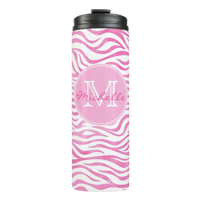Monogramm des Pink-Aquarellzebra-Druck-| Thermosbecher (Vorderseite)