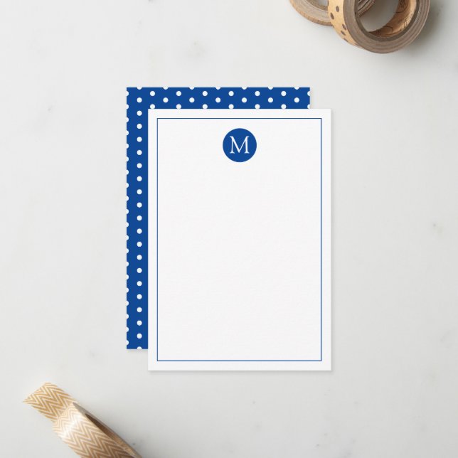 Monogramm des Punktes Navy Blue und White Polka Mitteilungskarte (Vorderseite/Rückseite Beispiel)