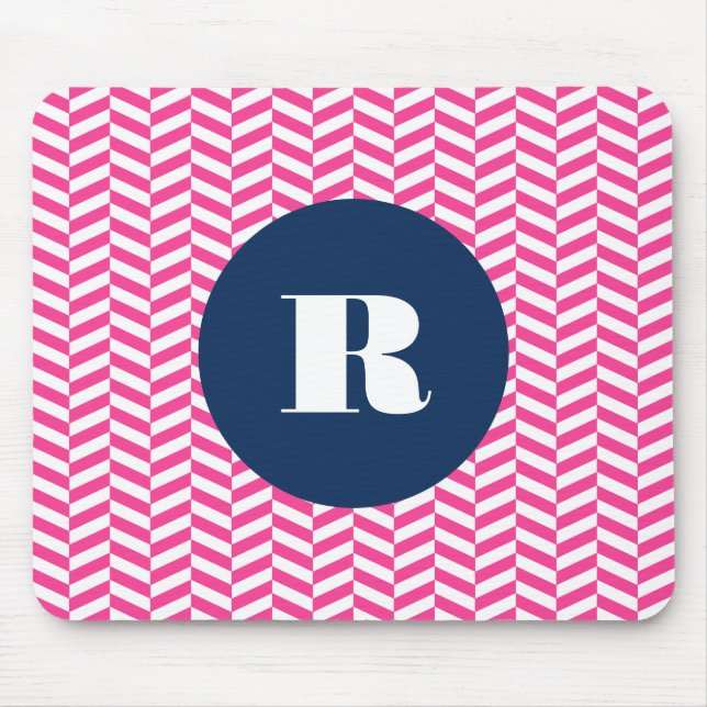 Monogramm des rosa Herringbone-Musters Mousepad (Vorne)