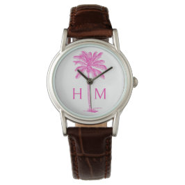 Monogramm des rosa und weißen Palm Palmetto Tree Armbanduhr