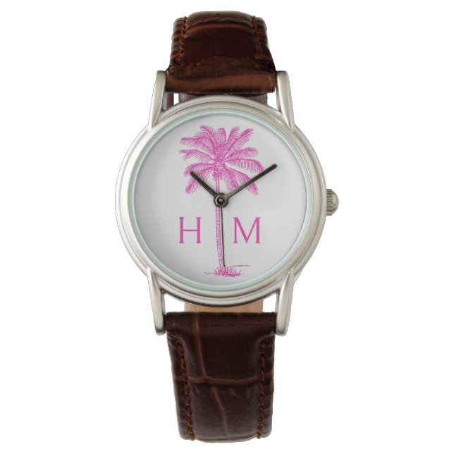 Monogramm des rosa und weißen Palm Palmetto Tree Armbanduhr (Vorderseite)