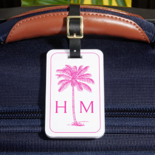 Monogramm des rosa und weißen Palm Palmetto Tree Gepäckanhänger