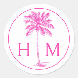 Monogramm des rosa und weißen Palm Palmetto Tree Runder Aufkleber