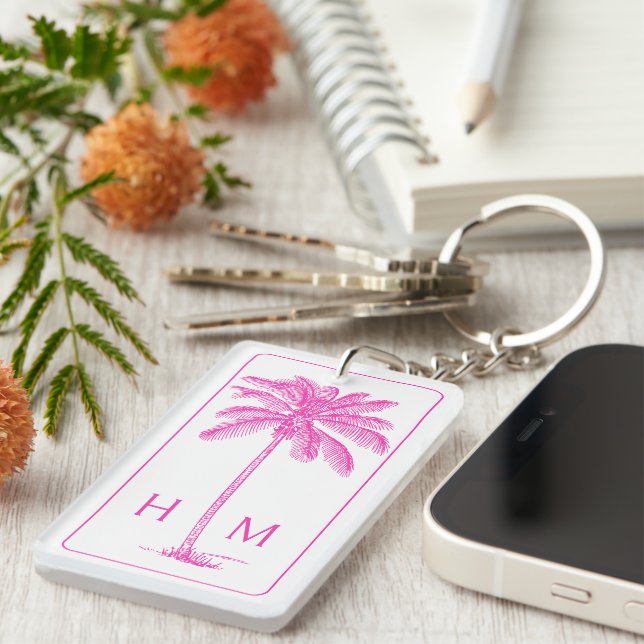 Monogramm des rosa und weißen Palm Palmetto Tree Schlüsselanhänger (Vorderseite rechts)
