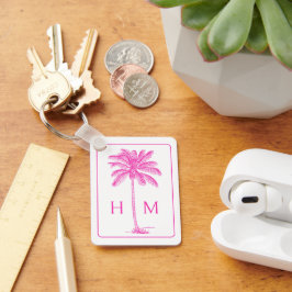 Monogramm des rosa und weißen Palm Palmetto Tree Schlüsselanhänger