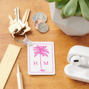 Monogramm des rosa und weißen Palm Palmetto Tree Schlüsselanhänger