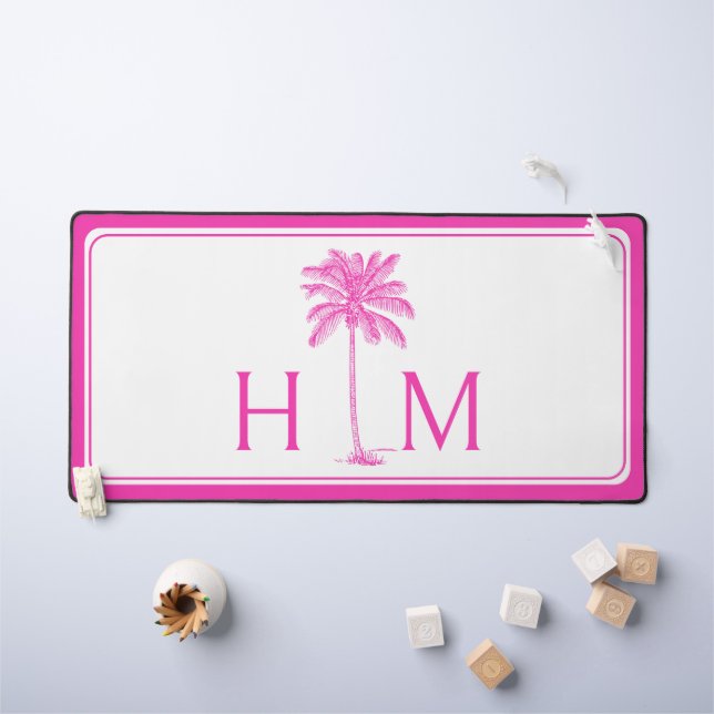 Monogramm des rosa und weißen Palm Palmetto Tree Schreibtischunterlage (Kindertisch)
