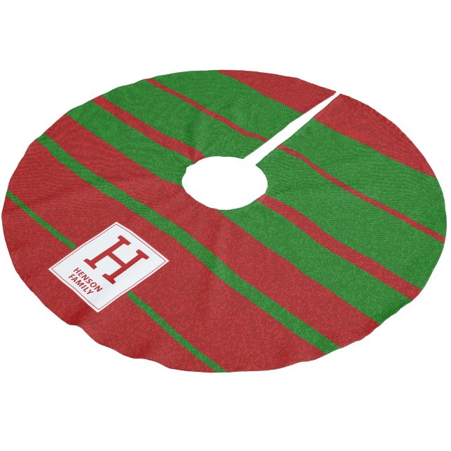 Monogramm des roten grünen Stripmusters Polyester Weihnachtsbaumdecke (Schrägansicht)