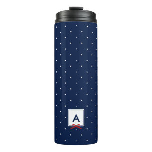 Monogramm des roten Ribbon Blue Polka-Dot-Musters Thermosbecher