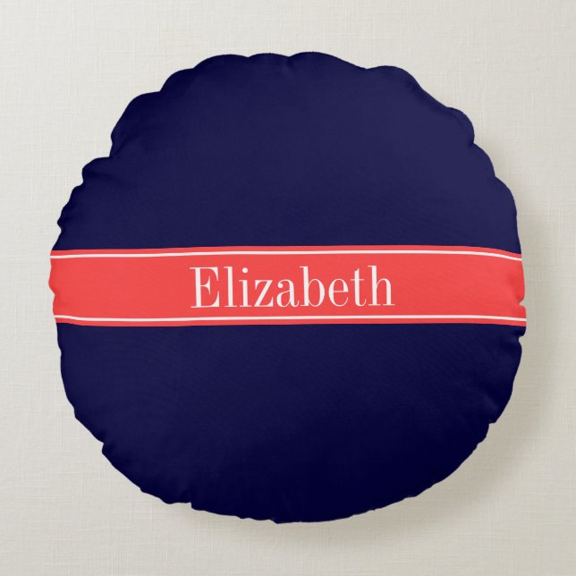 Monogramm des roten Ribbon-Namens "Solid Navy Blue Rundes Kissen (Vorderseite)