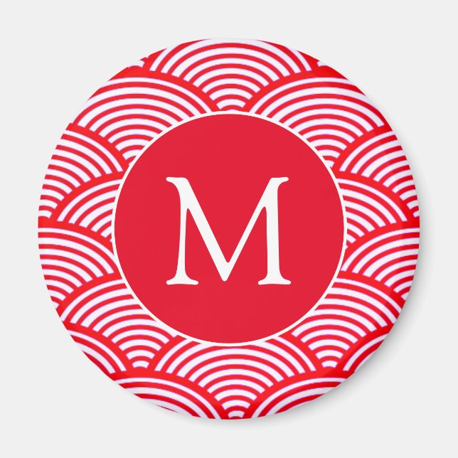 Monogramm des roten und weißen Scallop-Musters Magnet (Vorne)