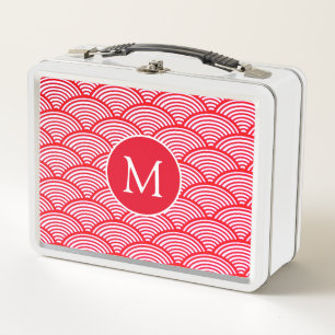 Monogramm des roten und weißen Scallop-Musters Metall Brotdose
