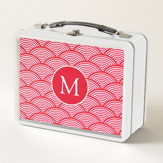 Monogramm des roten und weißen Scallop-Musters Metall Brotdose (Vorderseite)