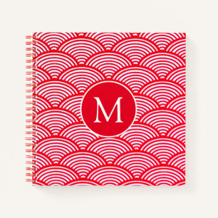 Monogramm des roten und weißen Scallop-Musters Notizbuch