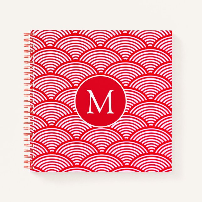 Monogramm des roten und weißen Scallop-Musters Notizbuch (Vorderseite)
