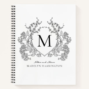 Monogramm des Schwarz-weißen Blumenblattes Notizbuch