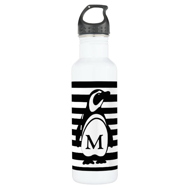 Monogramm des schwarzen und weißen Pinguins Edelstahlflasche (Vorderseite)