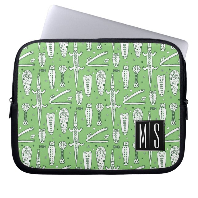 Monogramm des Skizze-Krokodil-Muster-| Laptopschutzhülle (Vorderseite)