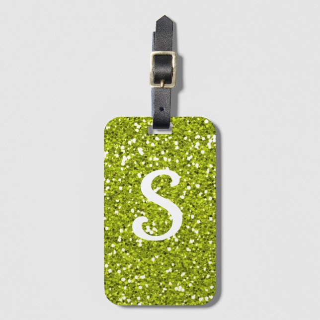 Monogramm des Trendy Lime Green Glitzer Gepäckanhänger (Vorderseite Vertikal)