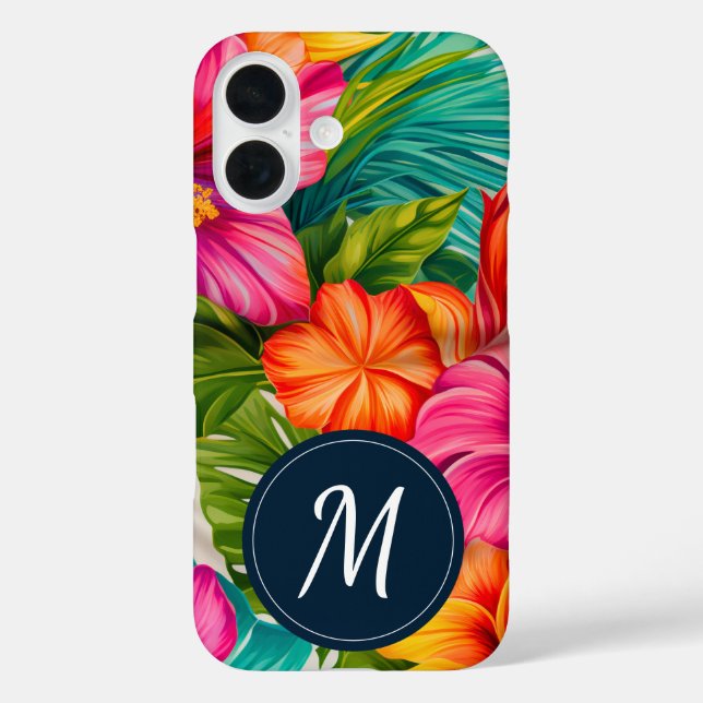 Monogramm des tropischen Hibiskus iPhone 16 Hülle (Rückseite)
