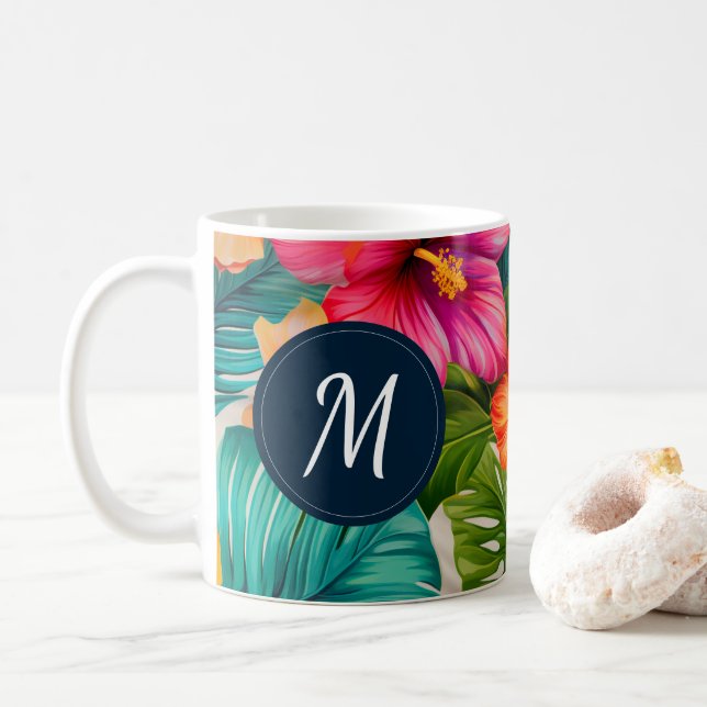 Monogramm des tropischen Hibiskus Kaffeetasse (Mit Donut)